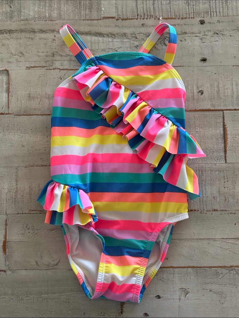 Cat & Jack Neon Stripe Ruffle One-Piece Swimsuit - Pink, Yellow, Blue, Green